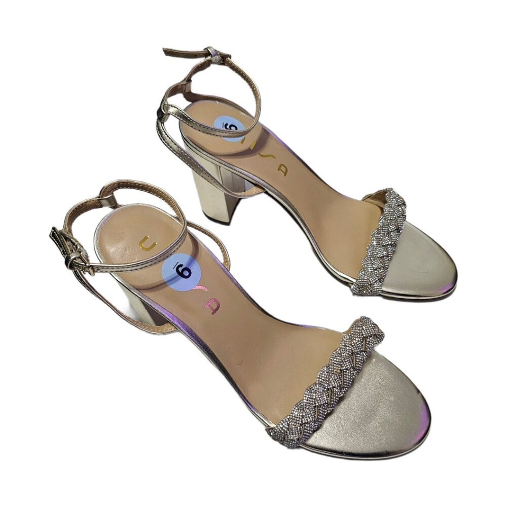 Rhinestone gold braided strappy block heel party shoes size 9 NWOT